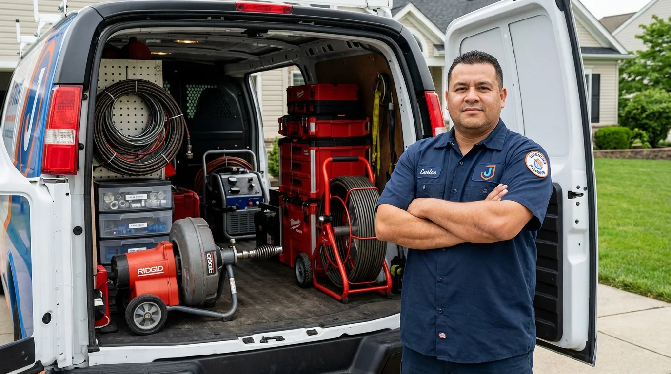 Professional drain cleaning equipment and Johns Plumbing LLC plumber in Steep Falls