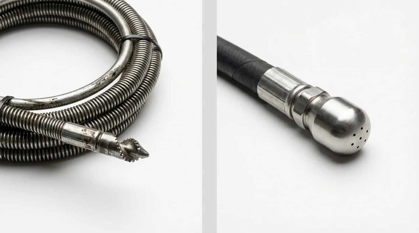 Drain snake cable and hydro jetting nozzle used for drain cleaning in Steep Falls, ME
