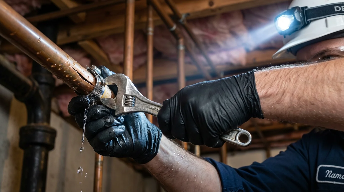 Emergency pipe clamp repair being performed by a Johns Plumbing LLC plumber in Steep Falls