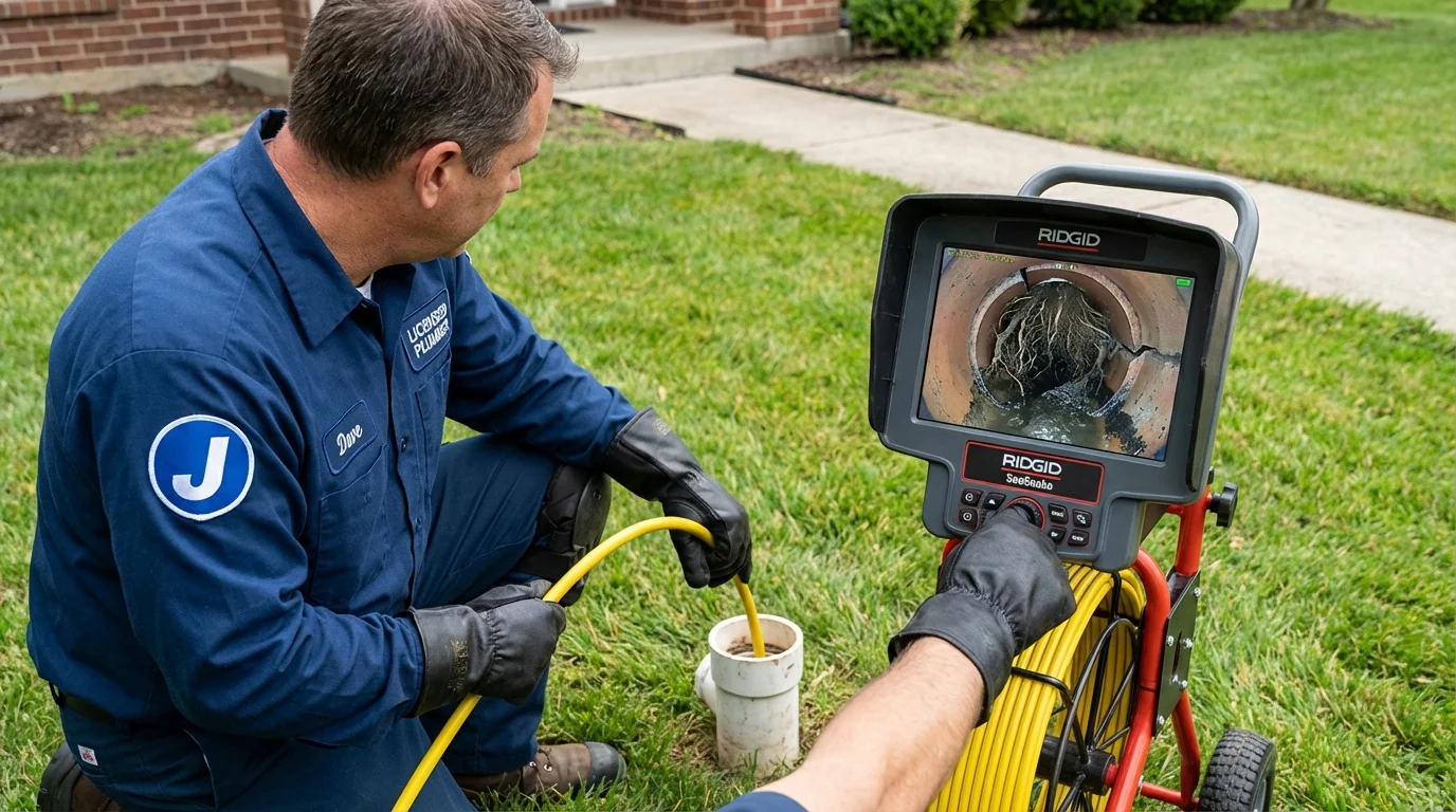 Sewer camera inspection being performed by Johns Plumbing LLC in Steep Falls