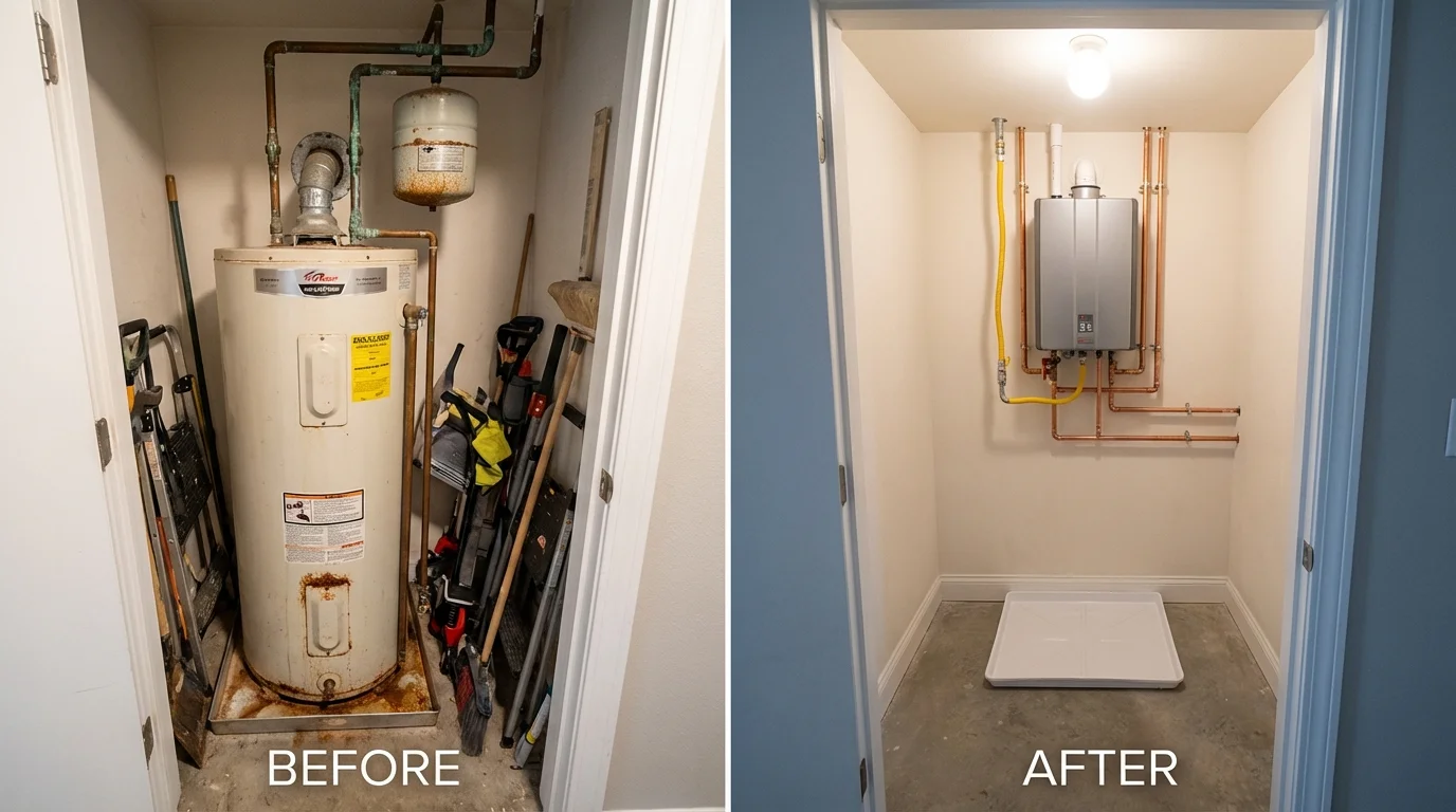 Tank water heater versus wall-mounted tankless unit comparison for Steep Falls, ME homeowners