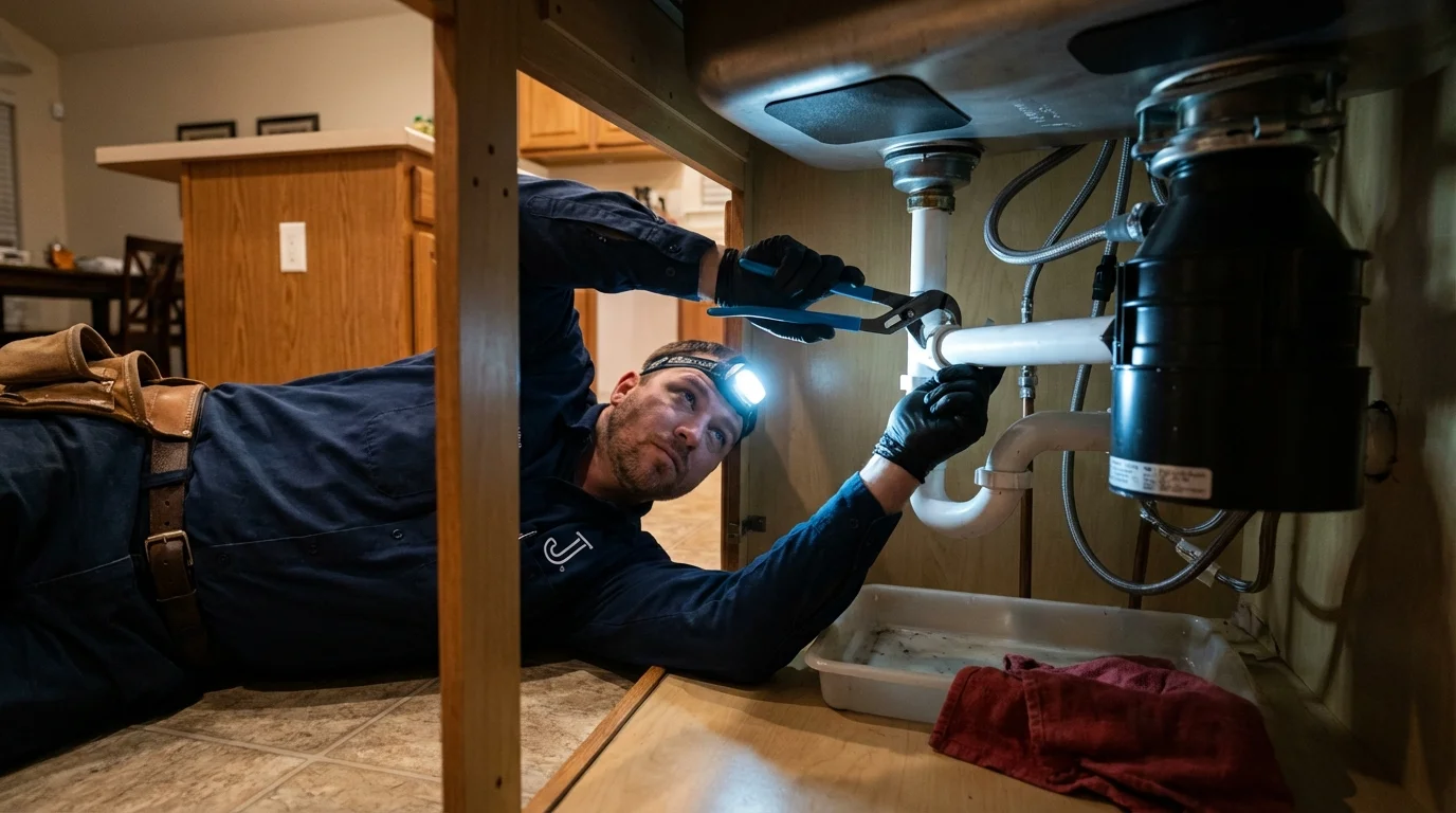P-trap and supply line connections under a kitchen sink showing a common leak point in Steep Falls, ME